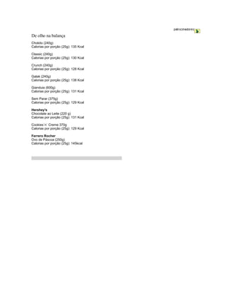 De olho na balança
Chokito (240g)
Calorias por porção (25g): 135 Kcal

Classic (240g)
Calorias por porção (25g): 130 Kcal

Crunch (240g)
Calorias por porção (25g): 128 Kcal

Galak (240g)
Calorias por porção (25g): 138 Kcal

Gianduia (600g)
Calorias por porção (25g): 131 Kcal

Sem Parar (375g)
Calorias por porção (25g): 129 Kcal

Hershey's
Chocolate ao Leite (220 g)
Calorias por porção (25g): 131 Kcal

Cookies´n` Creme 370g
Calorias por porção (25g): 129 Kcal

Ferrero Rocher
Ovo de Páscoa (250g)
Calorias por porção (25g): 145kcal
 