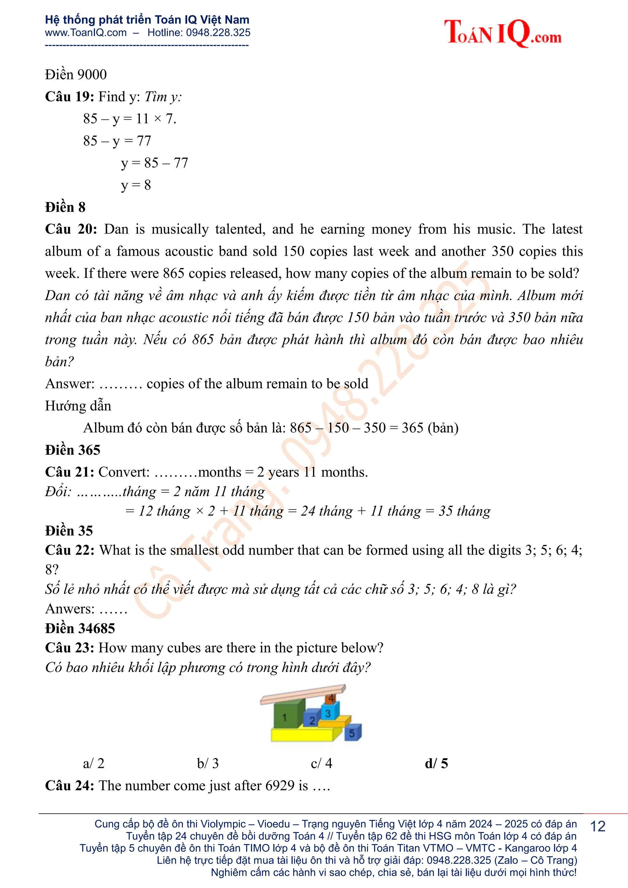 Đề ôn thi Violympic Toán Tiếng Anh lớp 4 năm 2024 - 2025 | PDF