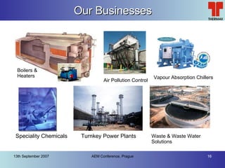 Our Businesses Boilers & Heaters Vapour  Absorption Chillers Speciality Chemicals Turnkey Power Plants Air Pollution Control Waste & Waste Water Solutions 