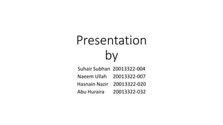 Presentation
by
Suhair Subhan 20013322-004
Naeem Ullah 20013322-007
Hasnain Nazir 20013322-020
Abu Huraira 20013322-032
 