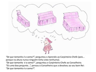 “De que tamanho é a cama?”, perguntou o Aprendiz ao Carpinteiro-Chefe (pois... 
porque na altura nunca ninguém tinha visto nenhuma). 
“De que tamanho é a cama?”, perguntou o Carpinteiro-Chefe ao Conselheiro. 
“Eis uma boa pergunta...”, pensou o Conselheiro que a devolveu ao seu bom Rei: 
“De que tamanho é a cama?”. 
 