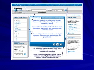 A new and customizable interface that puts more information, search tools,  and navigation links on the first screen Use the Subject / Grade Search to locate digital resources that match your teaching areas and grade levels  The Curriculum Standards Search helps you to locate materials that have been correlated your state teaching standards Search by keyword for quick results or select “Advanced Search” or “Media Type” options to filter search results  Create a custom Homepage to display links to curriculum tools, “My Content”, new videos, calendar events, and Teaching Tips. 