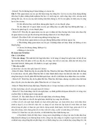 4
- Điểm 0: Trả lời không hợp lí hoặc không có câu trả lời.
Câu 8. Nêu quan niệm của tác giả thể hiện trong hai dòng thơ: Lời ru của mẹ chứa đựng những
điều hay lẽ phải, những kinh nghiệm, bài học về cách ứng xử, cách sống đẹp ở đời; sữa mẹ nuôi
dưỡng thể xác, lời ru của mẹ nuôi dưỡng tâm hồn chúng ta. Đó là ơn nghĩa, là tình cảm, là công
lao to lớn của mẹ.
Có thể diễn đạt theo cách khác nhưng phải hợp lí, có sức thuyết phục.
Từ đó, nhận xét về quan niệm của tác giả (đúng hay sai, phù hợp hay không phù hợp…).
Câu trả lời phải hợp lí, có sức thuyết phục.
- Điểm 0,25: Nêu đầy đủ quan niệm của tác giả và nhận xét theo hướng trên; hoặc nêu chưa đầy
đủ quan niệm của tác giả theo hướng trên nhưng nhận xét có sức thuyết phục.
- Điểm 0: Cho điểm 0 đối với một trong những trường hợp sau:
+ Chỉ nêu được quan niệm của tác giả nhưng không nhận xét hoặc ngược lại;
+ Nêu không đúng quan niệm của tác giả và không nhận xét hoặc nhận xét không có sức
thuyết phục;
+ Câu trả lời chung chung, không rõ ý;
+ Không có câu trả lời.
II. Làm văn (7,0 điểm)
Câu 1. (3,0 điểm)
* Yêu cầu chung: Thí sinh biết kết hợp kiến thức và kĩ năng về dạng bài nghị luận xã hội để tạo
lập văn bản. Bài viết phải có bố cục đầy đủ, rõ ràng; văn viết có cảm xúc; diễn đạt trôi chảy, bảo
đảm tính liên kết; không mắc lỗi chính tả, từ ngữ, ngữ pháp.
* Yêu cầu cụ thể:
a) Đảm bảo cấu trúc bài nghị luận (0,5 điểm):
- Điểm 0,5 điểm: Trình bày đầy đủ các phần Mở bài, Thân bài, Kết luận. Phần Mở bài biết dẫn dắt hợp
lí và nêu được vấn đề; phần Thân bài biết tổ chức thành nhiều đoạn văn liên kết chặt chẽ với nhau
cùng làm sáng tỏ vấn đề; phần Kết bài khái quát được vấn đề và thể hiện được nhận thức của cá nhân.
- Điểm 0,25: Trình bày đầy đủ ba phần Mở bài, Thân bài, Kết luận, nhưng các phần chưa thể hiện
được đầy đủ yêu cầu như trên; phần Thân bài chỉ có 1 đoạn văn.
- Điểm 0: Thiếu Mở bài hoặc Kết luận, Thân bài chỉ có 1 đoạn văn hoặc cả bài viết chỉ có 1 đoạn văn.
b) Xác định đúng vấn đề cần nghị luận (0,5 điểm):
- Điểm 0,5: Xác định đúng vấn đề cần nghị luận: sự đánh giá/thái độ/quan điểm đối với công việc
của bản thân và những người xung quanh.
- Điểm 0, 25: Xác định chưa rõ vấn đề cần nghị luận, nêu chung chung.
- Điểm 0: Xác định sai vấn đề cần nghị luận, trình bày lạc sang vấn đề khác.
c) Chia vấn đề cần nghị luận thành các luận điểm phù hợp; các luận điểm được triển khai theo
trình tự hợp lí, có sự liên kết chặt chẽ; sử dụng tốt các thao tác lập luận để triển khai các luận
điểm (trong đó phải có thao tác giải thích, chứng minh, bình luận); biết kết hợp giữa nêu lí lẽ và
đưa dẫn chứng; dẫn chứng phải lấy từ thực tiễn đời sống, cụ thể và sinh động (1,0 điểm):
- Điểm 1,0: Đảm bảo các yêu cầu trên; có thể trình bày theo định hướng sau:
+ Giải thích ý kiến để thấy được: trong cuộc sống không có công việc nào là nhỏ nhoi hay
thấp kém để chúng ta coi thường hoặc từ bỏ; công việc nào cũng có ý nghĩa và giá trị đối với một
cá nhân hoặc cộng đồng khi nó phù hợp với sở thích, năng lực của cá nhân hay cộng đồng đó; vấn
 
