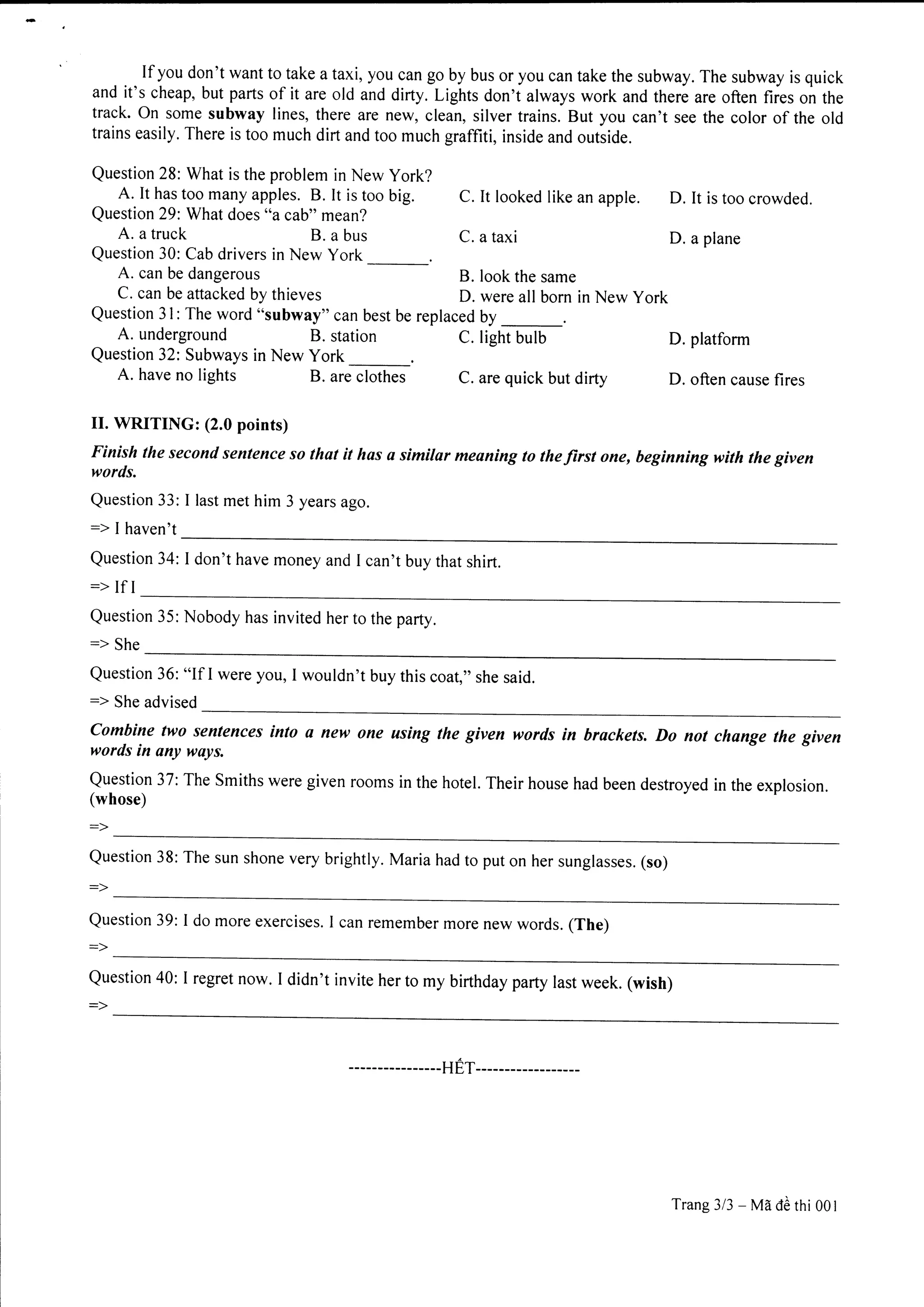 Đề thi minh họa môn tiếng Anh vào lớp 10 tại Hà Nội năm 2019