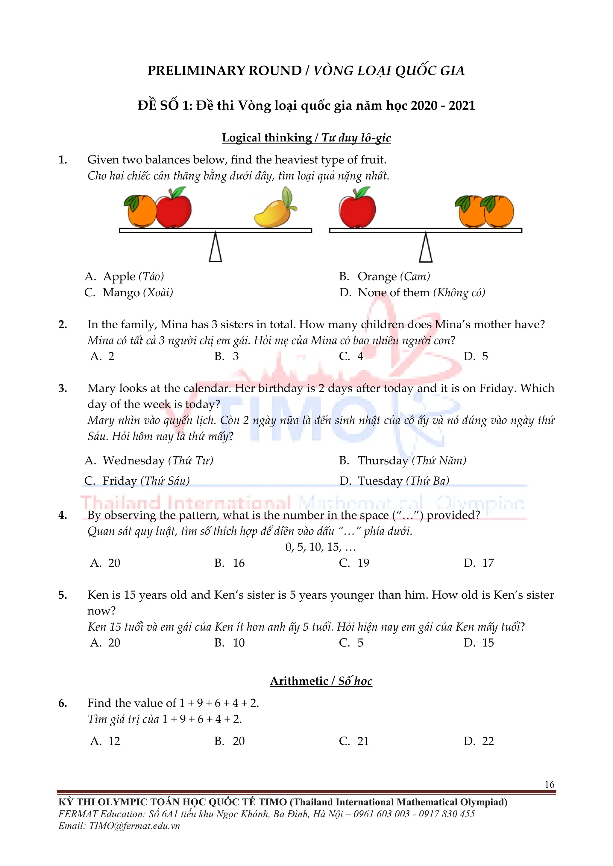 ĐỀ THI TOÁN TIMO LỚP 1 VÒNG LOẠI VÀ CHUNG KẾT QUỐC GIA | PDF