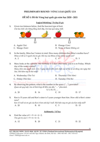 ĐỀ THI TOÁN TIMO LỚP 1 VÒNG LOẠI VÀ CHUNG KẾT QUỐC GIA | PDF