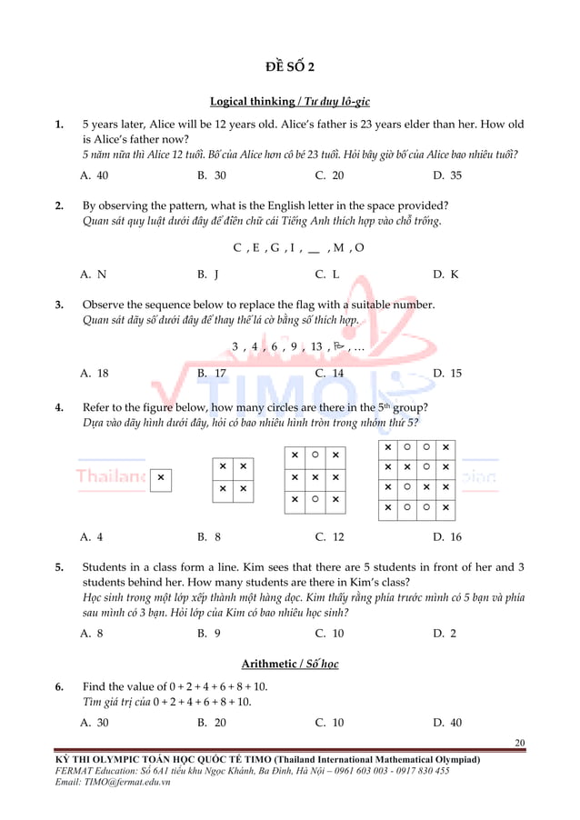 ĐỀ THI TOÁN TIMO LỚP 1 VÒNG LOẠI VÀ CHUNG KẾT QUỐC GIA | PDF