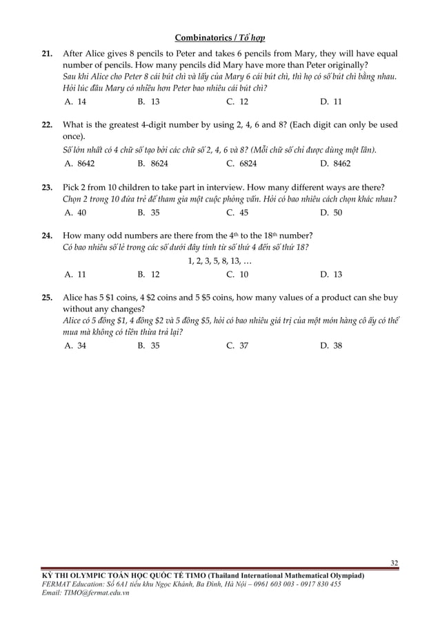 ĐỀ THI TOÁN TIMO LỚP 2 VÒNG LOẠI VÀ CHUNG KẾT QUỐC GIA | PDF