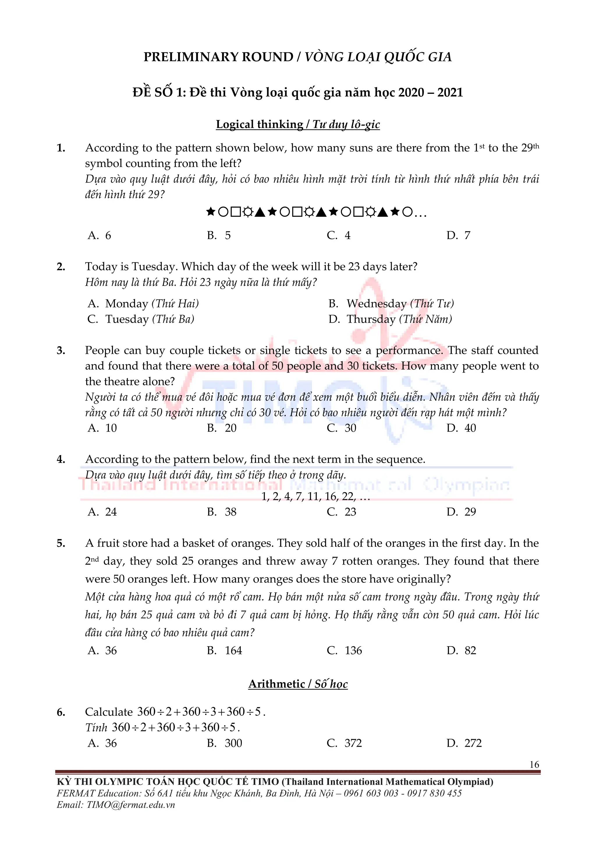 ĐỀ THI TOÁN TIMO LỚP 4 VÒNG LOẠI VÀ CHUNG KẾT QUỐC GIA | PDF