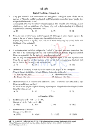 ĐỀ THI TOÁN TIMO LỚP 4 VÒNG LOẠI VÀ CHUNG KẾT QUỐC GIA | PDF