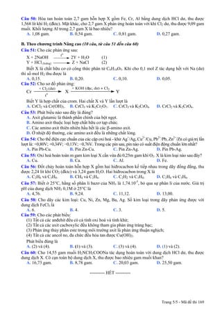 Câu 50: Hòa tan hoàn toàn 2,7 gam hỗn hợp X gồm Fe, Cr, Al bằng dung dịch HCl dư, thu được
1,568 lít khí H2 (đktc). Mặt khác, cho 2,7 gam X phản ứng hoàn toàn với khí Cl2 dư, thu được 9,09 gam
muối. Khối lượng Al trong 2,7 gam X là bao nhiêu?
A. 1,08 gam. B. 0,54 gam. C. 0,81 gam. D. 0,27 gam.
B. Theo chương trình Nâng cao (10 câu, từ câu 51 đến câu 60)
Câu 51: Cho các phản ứng sau:
X + 2NaOH
to
2Y + H2O (1)
Y + HCl (loãng) Z + NaCl (2)
Biết X là chất hữu cơ có công thức phân tử C6H10O5. Khi cho 0,1 mol Z tác dụng hết với Na (dư)
thì số mol H2 thu được là
A. 0,15. B. 0,20. C. 0,10. D. 0,05.
Câu 52: Cho sơ đồ phản ứng:
Cr X Y
+ Cl2 (d−)
t
o
+ KOH (®Æc, d−) + Cl2
Biết Y là hợp chất của crom. Hai chất X và Y lần lượt là
A. CrCl2 và Cr(OH)3. B. CrCl3 và K2Cr2O7. C. CrCl3 và K2CrO4. D. CrCl2 và K2CrO4.
Câu 53: Phát biểu nào sau đây là đúng?
A. Axit glutamic là thành phần chính của bột ngọt.
B. Amino axit thuộc loại hợp chất hữu cơ tạp chức.
C. Các amino axit thiên nhiên hầu hết là các β-amino axit.
D. Ở nhiệt độ thường, các amino axit đều là những chất lỏng.
Câu 54: Cho thế điện cực chuẩn của các cặp oxi hoá - khử Ag+
/Ag, Cu2+
/Cu, Pb2+
/Pb, Zn2+
/Zn có giá trị lần
lượt là: +0,80V; +0,34V; −0,13V; −0,76V. Trong các pin sau, pin nào có suất điện động chuẩn lớn nhất?
A. Pin Pb-Cu. B. Pin Zn-Cu. C. Pin Zn-Ag. D. Pin Pb-Ag.
Câu 55: Oxi hoá hoàn toàn m gam kim loại X cần vừa đủ 0,25m gam khí O2. X là kim loại nào sau đây?
A. Cu. B. Ca. C. Al. D. Fe.
Câu 56: Đốt cháy hoàn toàn hỗn hợp X gồm hai hiđrocacbon kế tiếp nhau trong dãy đồng đẳng, thu
được 2,24 lít khí CO2 (đktc) và 3,24 gam H2O. Hai hiđrocacbon trong X là
A. C2H6 và C3H8. B. CH4 và C2H6. C. C2H2 và C3H4. D. C2H4 và C3H6.
Câu 57: Biết ở 25°C, hằng số phân li bazơ của NH3 là 1,74.10-5
, bỏ qua sự phân li của nước. Giá trị
pH của dung dịch NH3 0,1M ở 25°C là
A. 4,76. B. 9,24. C. 11,12. D. 13,00.
Câu 58: Cho dãy các kim loại: Cu, Ni, Zn, Mg, Ba, Ag. Số kim loại trong dãy phản ứng được với
dung dịch FeCl3 là
A. 6. B. 4. C. 3. D. 5.
Câu 59: Cho các phát biểu:
(1) Tất cả các anđehit đều có cả tính oxi hoá và tính khử;
(2) Tất cả các axit cacboxylic đều không tham gia phản ứng tráng bạc;
(3) Phản ứng thủy phân este trong môi trường axit là phản ứng thuận nghịch;
(4) Tất cả các ancol no, đa chức đều hòa tan được Cu(OH)2.
Phát biểu đúng là
A. (2) và (4). B. (1) và (3). C. (3) và (4). D. (1) và (2).
Câu 60: Cho 14,55 gam muối H2NCH2COONa tác dụng hoàn toàn với dung dịch HCl dư, thu được
dung dịch X. Cô cạn toàn bộ dung dịch X, thu được bao nhiêu gam muối khan?
A. 16,73 gam. B. 8,78 gam. C. 20,03 gam. D. 25,50 gam.
---------------------------------------------------------- HẾT ----------
Trang 5/5 - Mã đề thi 169
 