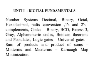 UNIT I - DIGITAL FUNDAMENTALS
Number Systems Decimal, Binary, Octal,
Hexadecimal, radix conversion ,1's and 2's
complements, Codes – Binary, BCD, Excess 3,
Gray, Alphanumeric codes, Boolean theorems
and Postulates, Logic gates – Universal gates –
Sum of products and product of sums –
Minterms and Maxterms – Karnaugh Map
Minimization.
 