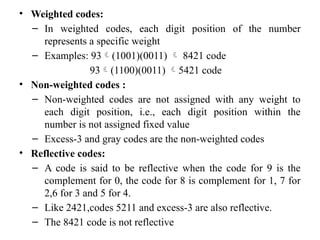 • Weighted codes:
– In weighted codes, each digit position of the number
represents a specific weight
– Examples: 93(1001)(0011)  8421 code
93(1100)(0011) 5421 code
• Non-weighted codes :
– Non-weighted codes are not assigned with any weight to
each digit position, i.e., each digit position within the
number is not assigned fixed value
– Excess-3 and gray codes are the non-weighted codes
• Reflective codes:
– A code is said to be reflective when the code for 9 is the
complement for 0, the code for 8 is complement for 1, 7 for
2,6 for 3 and 5 for 4.
– Like 2421,codes 5211 and excess-3 are also reflective.
– The 8421 code is not reflective
 
