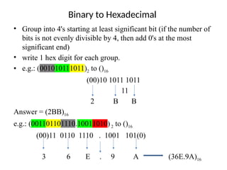 Binary to Hexadecimal
• Group into 4's starting at least significant bit (if the number of
bits is not evenly divisible by 4, then add 0's at the most
significant end)
• write 1 hex digit for each group.
• e.g.: (001010111011)2 to ()16
(00)10 1011 1011
11
2 B B
Answer = (2BB)16
e.g.: (001101101110.10011010)2 to ()16
(00)11 0110 1110 . 1001 101(0)
3 6 E . 9 A (36E.9A)16
 