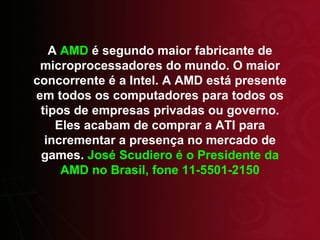 A  AMD  é segundo maior fabricante de microprocessadores do mundo. O maior concorrente é a Intel. A AMD está presente em todos os computadores para todos os tipos de empresas privadas ou governo. Eles acabam de comprar a ATI para incrementar a presença no mercado de games.  José Scudiero é o Presidente da AMD no Brasil, fone 11-5501-2150 