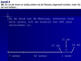 Daniël 9 26 . En na die twee en zestig weken zal de Messias uitgeroeid worden, maar Hij zal niet hebben... Na de dood van de Messias, resteren ruim drie jaren, tot de termijn van 490 jaar verstreken is. 7 weken 62 weken 1 week 27 AD 31 AD 34 AD 