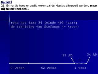 Daniël 9 26 . En na die twee en zestig weken zal de Messias uitgeroeid worden,  maar Hij zal niet hebben... rond het jaar 34 (einde 490 jaar): de steniging van Stefanus (= kroon) 7 weken 62 weken 1 week 27 AD 34 AD 