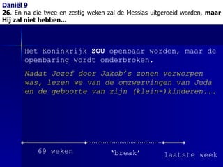 Daniël 9 26 . En na die twee en zestig weken zal de Messias uitgeroeid worden,  maar Hij zal niet hebben... Het Koninkrijk  ZOU  openbaar worden, maar de openbaring wordt onderbroken.  Nadat Jozef door Jakob’s zonen verworpen was, lezen we van de omzwervingen van Juda en de geboorte van zijn (klein-)kinderen... 69 weken ‘ break’ laatste week 