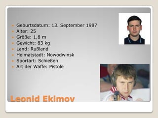 








Geburtsdatum: 13. September 1987
Alter: 25
Größe: 1,8 m
Gewicht: 83 kg
Land: Rußland
Heimatstadt: Nowodwinsk
Sportart: Schießen
Art der Waffe: Pistole

Leonid Ekimov

 