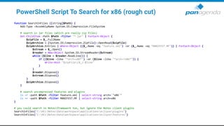 PowerShell Script To Search for x86 (rough cut)
function SearchInFiles ([string]$Path) {
Add-Type -AssemblyName System.IO.Compression.FileSystem
# search in jar files (which are really zip files)
Get-ChildItem -Path $Path -Filter "*.jar" | ForEach-Object {
$zipFile = $_.FullName
$zipArchive = [System.IO.Compression.ZipFile]::OpenRead($zipFile)
$zipArchive.Entries | Where-Object {($_.Name -eq "feature.xml") -or ($_.Name -eq "MANIFEST.MF")} | ForEach-Object {
$stream = $_.Open()
$reader = New-Object System.IO.StreamReader($stream)
while ($line = $reader.ReadLine()) {
if (($line -like "*arch=x86*") -or ($line -like "*arch=?x86*")) {
Write-Host "$zipFile($_):$line"
}
}
$reader.Dispose()
$stream.Dispose()
}
$zipArchive.Dispose()
}
# search uncompressed features and plugins
ls -r -path $Path -filter feature.xml | select-string arch=`"x86`"
ls -r -path $Path -filter MANIFEST.MF | select-string arch=x86
}
# you could search in Notesframework too, but ignore the Notes client plugins
SearchInFiles("C:HCLNotesDataworkspaceapplicationseclipseplugins")
SearchInFiles("C:HCLNotesDataworkspaceapplicationseclipsefeatures")
 