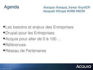 Agenda                    !   !   !@acquia @acquia_france @cyrilCR 
                !       !   !   !   !   !#acquiafr #Drupal #CMS #WCM 
          !

    • Les besoins et enjeux des Entreprises
    • Drupal pour les Entreprises
    • Acquia pour aller de 0 à 100 …
    • Références
    • Réseau de Partenaires


© Acquia, Inc. 2012.!
 