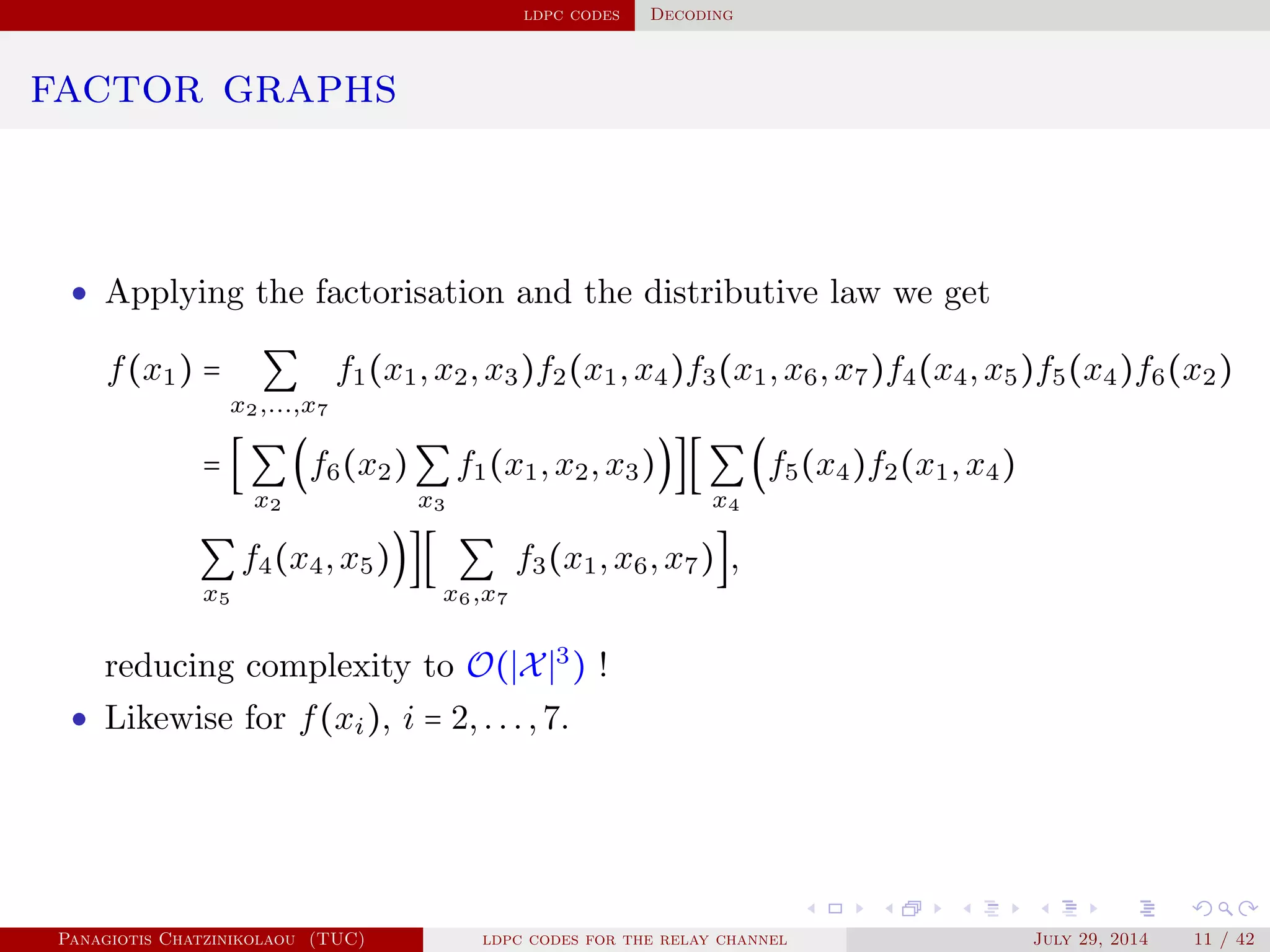 ldpc codes Decoding
factor graphs
• Applying the factorisation and the distributive law we get
f(x1) = ∑
x2,...,x7
f1(x1,x2,x3)f2(x1,x4)f3(x1,x6,x7)f4(x4,x5)f5(x4)f6(x2)
= [∑
x2
(f6(x2)∑
x3
f1(x1,x2,x3))][∑
x4
(f5(x4)f2(x1,x4)
∑
x5
f4(x4,x5))][ ∑
x6,x7
f3(x1,x6,x7)],
reducing complexity to O( X 3
) !
• Likewise for f(xi), i = 2,...,7.
Panagiotis Chatzinikolaou (TUC) ldpc codes for the relay channel July 29, 2014 11 / 42
 
