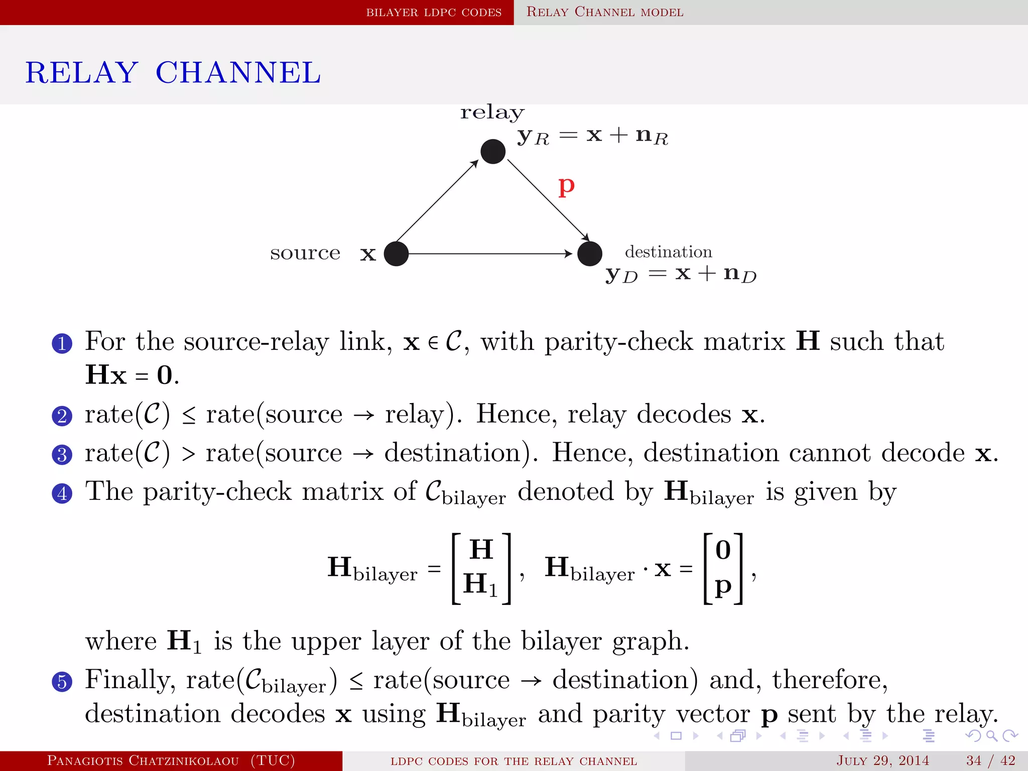 bilayer ldpc codes Relay Channel model
relay channel
1 For the source-relay link, x ∈ C, with parity-check matrix H such that
Hx = 0.
2 rate(C) ≤ rate(source → relay). Hence, relay decodes x.
3 rate(C) > rate(source → destination). Hence, destination cannot decode x.
4 The parity-check matrix of Cbilayer denoted by Hbilayer is given by
Hbilayer = [
H
H1
], Hbilayer ⋅ x = [
0
p
],
where H1 is the upper layer of the bilayer graph.
5 Finally, rate(Cbilayer) ≤ rate(source → destination) and, therefore,
destination decodes x using Hbilayer and parity vector p sent by the relay.
Panagiotis Chatzinikolaou (TUC) ldpc codes for the relay channel July 29, 2014 34 / 42
 