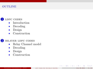 outline
1 ldpc codes
Introduction
Decoding
Design
Construction
2 bilayer ldpc codes
Relay Channel model
Decoding
Design
Construction
Panagiotis Chatzinikolaou (TUC) ldpc codes for the relay channel July 29, 2014 0 / 42
 