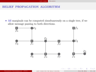 ldpc codes Decoding
belief propagation algorithm
• All marginals can be computed simultaneously on a single tree, if we
allow message passing to both directions.
Panagiotis Chatzinikolaou (TUC) ldpc codes for the relay channel July 29, 2014 15 / 42
 