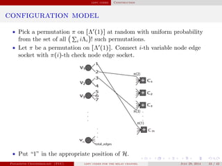 ldpc codes Construction
configuration model
• Pick a permutation π on [Λ′
(1)] at random with uniform probability
from the set of all (∑i iΛi)! such permutations.
• Let π be a permutation on [Λ′
(1)]. Connect i-th variable node edge
socket with π(i)-th check node edge socket.
.
.
.
.
.
.
v1
v2
vn
C2
C1
C m
v3
C3
1
2
3
4
5
6
7
total_edges
.
.
.
π(1)
π(2)
π(3)
• Put “1” in the appropriate position of H.
Panagiotis Chatzinikolaou (TUC) ldpc codes for the relay channel July 29, 2014 33 / 42
 