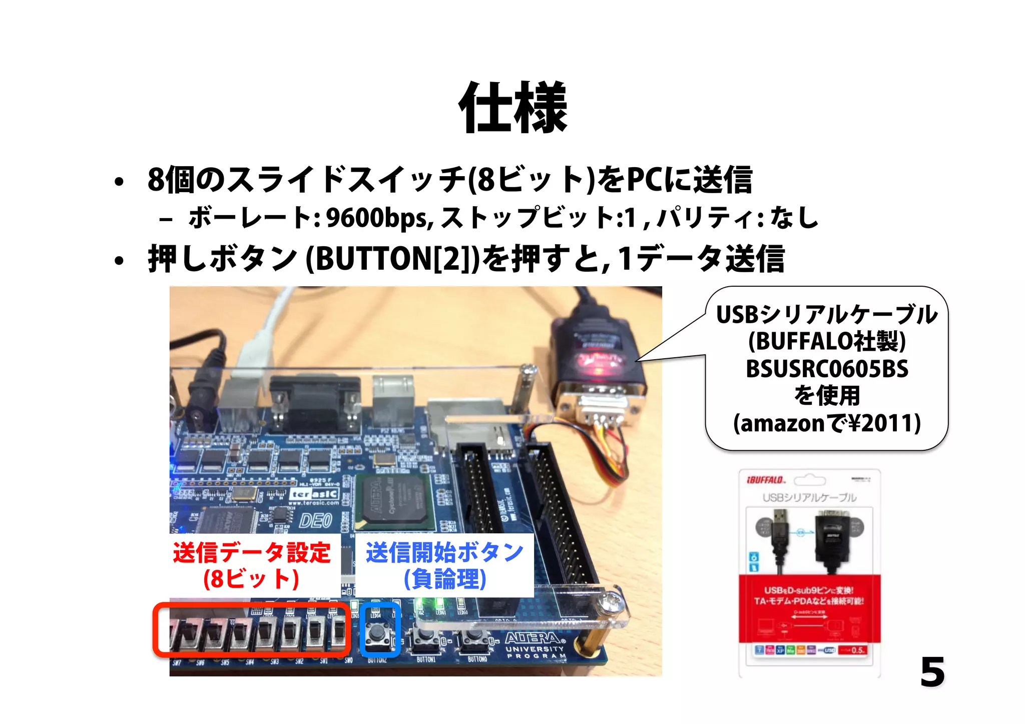 仕様
•  8個のスライドスイッチ(8ビット)をPCに送信
‒  ボーレート: 9600bps, ストップビット:1 , パリティ: なし
•  押しボタン (BUTTON[2])を押すと, 1データ送信
5
USBシリアルケーブル
(BUFFALO社製)
BSUSRC0605BS
を使用
(amazonで¥2011)
送信データ設定
(8ビット)
送信開始ボタン
(負論理)
 