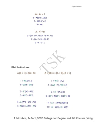 Digital Electronics
T.Srikrishna, M.Tech,G.V.P College for Degree and PG Courses ,Vizag
Distributive Law:
 