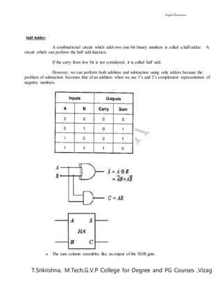 Digital Electronics
T.Srikrishna, M.Tech,G.V.P College for Degree and PG Courses ,Vizag
Half-Adder:
A combinational circuit which adds two one-bit binary numbers is called a half-adder. A
circuit which can perform the half add function.
If the carry from low bit is not considered, it is called half add.
However, we can perform both addition and subtraction using only adders because the
problem of subtraction becomes that of an addition when we use 1’s and 2’s complement representation of
negative numbers.
o The sum column resembles like an output of the XOR gate.
 