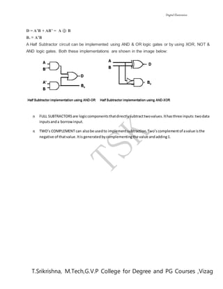 Digital Electronics
T.Srikrishna, M.Tech,G.V.P College for Degree and PG Courses ,Vizag
D = A’B + AB’ = A ⊕ B
Bo = A’B
A Half Subtractor circuit can be implemented using AND & OR logic gates or by using XOR, NOT &
AND logic gates. Both these implementations are shown in the image below:
n FULL SUBTRACTORSare logiccomponentsthatdirectlysubtracttwovalues.Ithasthree inputs:twodata
inputsanda borrowinput.
n TWO’s COMPLEMENT can alsobe usedto implementsubtraction.Two’scomplementof avalue isthe
negative of thatvalue.Itis generatedbycomplementingthe value andadding1.
 