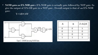 • NAND gates as EX-NOR gate : EX-NOR gate is actually gate followed by NOT gate. So
give the output of EX-OR gate to a NOT gate . Overall output is that of an EX-NOR
gate:
Y=AB+A’B’
 