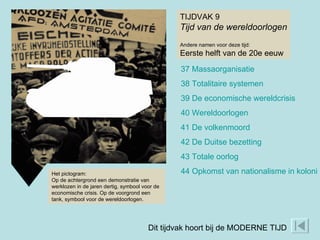 TIJDVAK 9 Tijd van de wereldoorlogen Andere namen voor deze tijd: Eerste helft van de 20e eeuw 37 Massaorganisatie 38 Totalitaire systemen 39 De economische wereldcrisis 40 Wereldoorlogen 41 De volkenmoord 42 De Duitse bezetting 43 Totale oorlog 44 Opkomst van nationalisme in koloniën Het pictogram: Op de achtergrond een demonstratie van werklozen in de jaren dertig, symbool voor de economische crisis. Op de voorgrond een tank, symbool voor de wereldoorlogen. Dit tijdvak hoort bij de MODERNE TIJD 