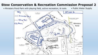 • Ministers Pond Park with playing field, active recreation, & trails
Stow Conservation & Recreation Commission Proposal 2
• Public Water Supply
Ministers
Pond
 