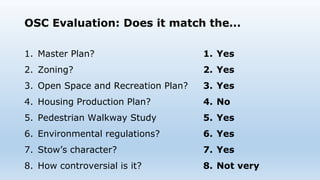 OSC Evaluation: Does it match the...
1. Master Plan?
2. Zoning?
3. Open Space and Recreation Plan?
4. Housing Production Plan?
5. Pedestrian Walkway Study
6. Environmental regulations?
7. Stow’s character?
8. How controversial is it?
1. Yes
2. Yes
3. Yes
4. No
5. Yes
6. Yes
7. Yes
8. Not very
 
