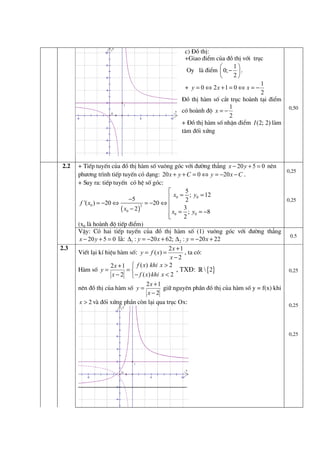c) §å thÞ:
+Giao ®iÓm cña ®å thÞ víi trôc
1

Oy lµ ®iÓm  0; −  .
2

1
+ y = 0 ⇔ 2x +1 = 0 ⇔ x = −
2
§å thÞ hµm sè c¾t trôc hoµnh t¹i ®iÓm
1
cã hoµnh ®é x = −
2
+ §å thÞ hµm sè nhËn ®iÓm I (2; 2) lµm
t©m ®èi xøng

2.2

2.3

0,50

+ TiÕp tuyÕn cña ®å thÞ hµm sè vu«ng gãc víi ®−êng th¼ng x − 20 y + 5 = 0 nªn
0,25
ph−¬ng tr×nh tiÕp tuyÕn cã d¹ng: 20 x + y + C = 0 ⇔ y = −20 x − C .
+ Suy ra: tiÕp tuyÕn cã hÖ sè gãc:
5

 x0 = 2 ; y0 = 12
−5
0,25
f '( x0 ) = −20 ⇔
= −20 ⇔ 
2
( x0 − 2 )
 x = 3 ; y = −8
 0 2 0

(x0 lµ hoµnh ®é tiÕp ®iÓm)
VËy: Cã hai tiÕp tuyÕn cña ®å thÞ hµm sè (1) vu«ng gãc víi ®−êng th¼ng
0.5
x − 20 y + 5 = 0 lµ: ∆1 : y = −20 x + 62; ∆ 2 : y = −20 x + 22
2x +1
ViÕt l¹i kÝ hiÖu hµm sè: y = f ( x) =
, ta cã:
x−2
2 x + 1  f ( x) khi x > 2
Hµm sè y =
, TXĐ: R  {2}
=
0,25
x − 2  − f ( x) khi x < 2
2x + 1
nªn ®å thÞ cña hµm sè y =
gi÷ nguyªn phÇn ®å thÞ cña hµm sè y = f(x) khi
x−2
x > 2 vµ ®èi xøng phÇn cßn l¹i qua trôc Ox:
0,25

0,25

 