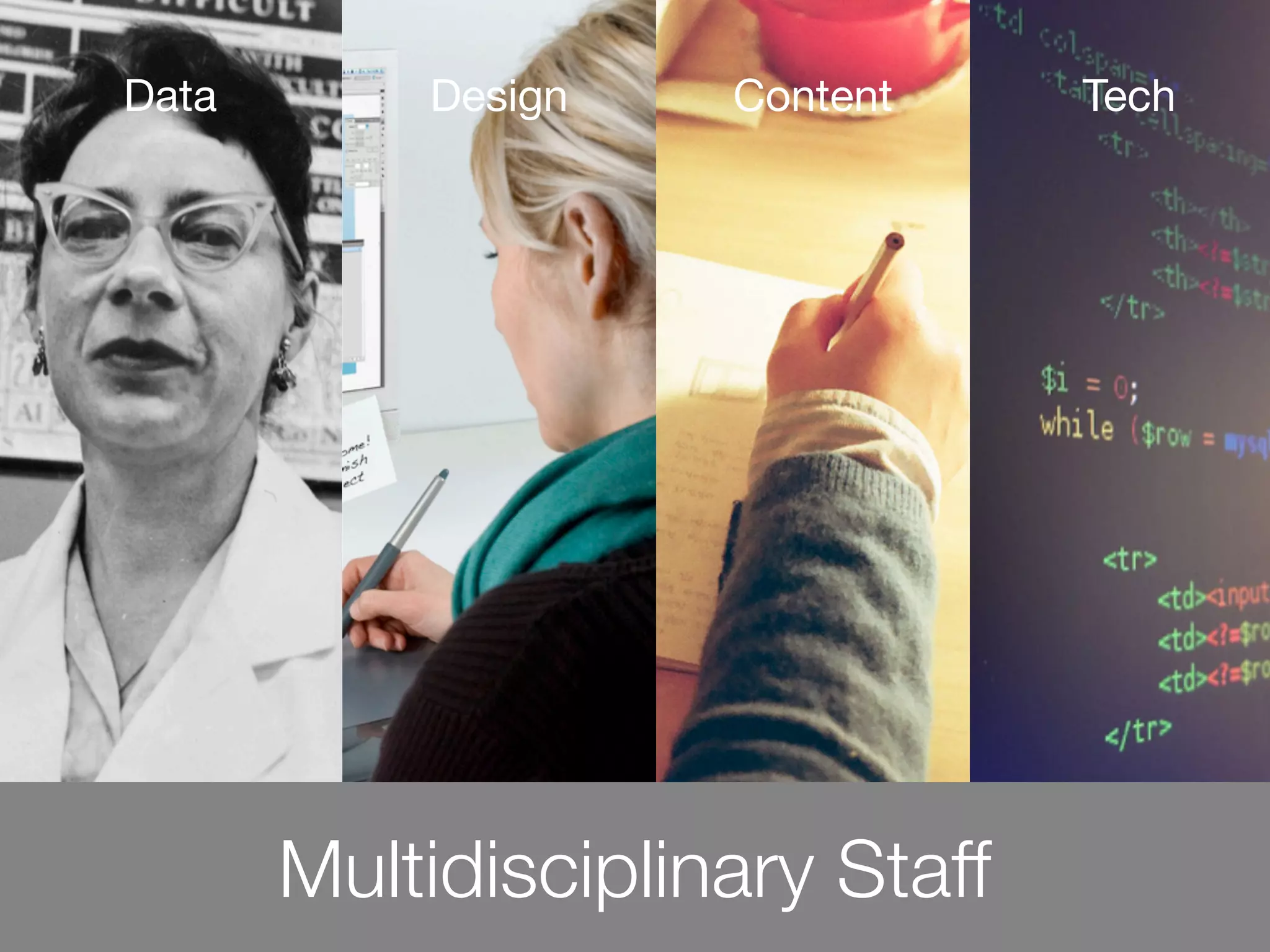 Data       Design    Content     Tech




       Multidisciplinary Staff
 