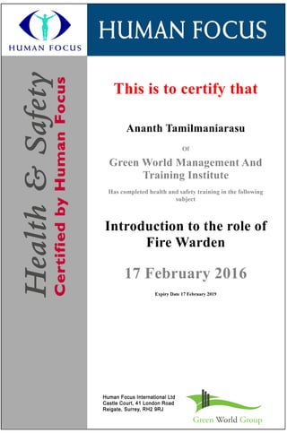 Ananth Tamilmaniarasu - Introduction to the role of Fire Warden