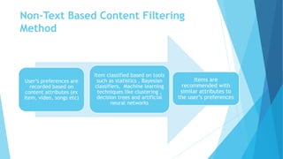 Non-Text Based Content Filtering
Method
User’s preferences are
recorded based on
content attributes (ex
item, video, songs etc)
Item classified based on tools
such as statistics , Bayesian
classifiers, Machine learning
techniques like clustering ,
decision trees and artificial
neural networks
Items are
recommended with
similar attributes to
the user’s preferences
 