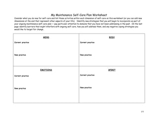 1/3
My Maintenance Self-Care Plan Worksheet
Consider what you do now for self-care and list those activities within each dimension of self-care on this worksheet (or you can add new
dimensions at the end that represent other aspects of your life). Identify new strategies that you will begin to incorporate as part of
your ongoing maintenance self-care plan — pay particular attention to domains that you have not been addressing in the past. On the last
page identify barriers that might interfere with ongoing self-care, how you will address them, and any negative coping strategies you
would like to target for change.
MIND
Current practice
New practice
BODY
Current practice
New practice
EMOTIONS
Current practice
New practice
SPIRIT
Current practice
New practice
 