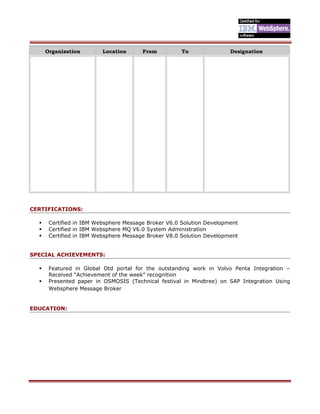 Organization Location From To Designation
CERTIFICATIONS:
 Certified in IBM Websphere Message Broker V6.0 Solution Development
 Certified in IBM Websphere MQ V6.0 System Administration
 Certified in IBM Websphere Message Broker V8.0 Solution Development
SPECIAL ACHIEVEMENTS:
 Featured in Global Otd portal for the outstanding work in Volvo Penta Integration –
Received “Achievement of the week” recognition
 Presented paper in OSMOSIS (Technical festival in Mindtree) on SAP Integration Using
Websphere Message Broker
EDUCATION:
 