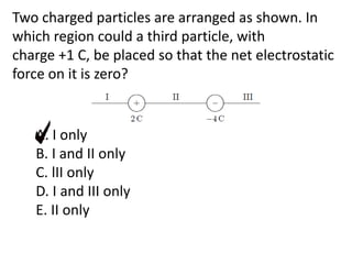 Two charged particles are arranged as shown. In
which region could a third particle, with
charge +1 C, be placed so that the net electrostatic
force on it is zero?
A. I only
B. I and II only
C. lII only
D. I and III only
E. II only
 