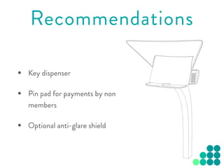 • Key dispenser
• Pin pad for payments by non
members
• Optional anti-glare shield
Recommendations
 