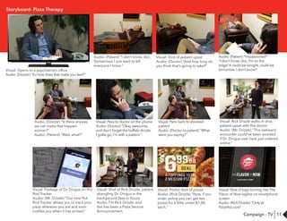 11
Storyboard- Pizza Therapy
Visual: Opens to a psychiatrist’s office
Audio: (Doctor) “So how does that make you feel?”
Audio: (Doctor) “Is there anyway
we can make that happen
sooner?”
Audio: (Patient) "Wait, what?"
Visual: Pans to doctor on the phone
Audio: (Doctor) “Okay awesome,
and don’t forget the buffalo drizzle.
I gotta go, I’m with a patient.”
Visual: Pans back to shocked
patient
Audio: (Doctor to patient) “What
were you saying?”
Visual: Promo shot of pizzas
Audio: (Rick Drizzle) “Now, if you
order online you can get two
pizzas for a little under $7.00
each.”
Visual: Shot of logo turning into The
Flavor of Now tagline on smartphone
screen
Audio: (Rick Drizzle) “Only at
PizzaHut.com”
Audio: (Patient) “I don’t know, doc.
Sometimes, I just want to kill
everyone I know."
Visual: Shot of patient upset
Audio: (Doctor) “And how long do
you think that’s going to take?”
Audio: (Patient) *impassioned*
“I don’t know, doc, I’m on the
edge! It could be tonight, could be
tomorrow, I don’t know!”
Visual: Footage of Dr. Dingus on Hut
Rod Tracker
Audio: (Mr. Drizzle) “Our new Hut
Rod Tracker allows you to track your
pizza wherever you are and even
notifies you when it has arrived.”
Visual: Rick Drizzle walks in shot,
patient upset with the doctor
Audio: (Mr. Drizzle) “This awkward
encounter could’ve been avoided
if Dr. Dingus over here just ordered
online.”
Visual: Shot of Rick Drizzle, patient
strangling Dr. Dingus in the
background (less in focus)
Audio: I'm Rick Drizzle, and
this has been a Pizza Service
Announcement.
Campaign - TV
 