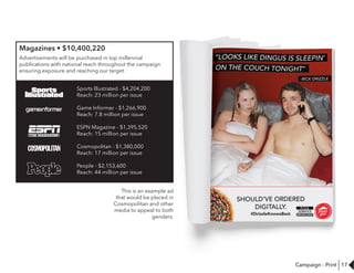 17
Magazines • $10,400,220
Advertisements will be purchased in top millennial
publications with national reach throughout the campaign
ensuring exposure and reaching our target.
Sports Illustrated - $4,204,200
Reach: 23 million per issue
Game Informer - $1,266,900
Reach: 7.8 million per issue
ESPN Magazine - $1,395,520
Reach: 15 million per issue
Cosmopolitan - $1,380,000
Reach: 17 million per issue
People - $2,153,600
Reach: 44 million per issue
#DrizzleKnowsBest
This is an example ad
that would be placed in
Cosmopolitan and other
media to appeal to both
genders.
Campaign - Print
 