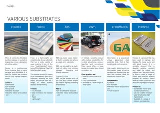 VARIOUS SUBSTRATES
CORREX FOREX ABS VINYL CHROMADEK PERSPEX
When it comes to affordable
outdoor signage on a small or
large scale, correx is always an
attractive option.
Correx is a multipurpose
ﬂuted material that is highly
versatile and affordable. It is
ideal for indoor and outdoor
use for any signage require-
ments.
Correx is:
• Affordable
• UV resistant
• Recyclable
• Weather resistant
• Ideal for indoor and outdoor
use
Forex is a lightweight, yet
exceptionally strong substrate
that has a wide variety of
uses, making it one of the
more “multi-talented” mem-
bers of the National Flag/ NF
Retail product range.
This popular product is known
to be a remarkably good print
substrate, allowing for vivid
prints, and can be used for a
range of sleek looking
displays and branding.
Forex is:
• Fire resistant
• Ideal for indoor and outdoor
use
• Rigid
• Lightweight
ABS is a plastic based materi-
al that is versatile and acts as
a superb print substrate.
ABS can be used for a multi-
tude of indoor and outdoor
signage , branding and
display purposes.
Custom Cut Out
ABS can be printed and cut
out into any custom shapes
for creative signage, branding
and displays
ABS is:
• UV and Weather resistant
• Ideal for indoor and outdoor
use
Perspex is a product that has
been used in signage and
displays for many years, and
with good reason. It is a
versatile product that is
durable, weather resistant
and ideal for indoor and
outdoor use. We print digital-
ly directly onto a range of
colors and opacities making
perpsex an obvious choice
when it comes to efficient and
attractive signage or displays.
Perspex is:
• Suitable for indoor and
outdoor advertising
• UV and weather resistant
• Ideal for allowing light
transmission
• Available in a range of
colours and opacities
Chromadek is a specialized
unique galvanized steel
substrate that, that is ﬂat,
durable and vinyl receptive.
High quality digital prints on
Chrmoadek make attractive
signage and displays that are
rigid and durable, ideal for
indoor and outdoor use.
Chromadek is:
• Durable
• UV resistant
• Ideal for indoor and outdoor
use
• Vinyl receptive
A brilliant, versatile product
with endless possibilities for
in-store advertising, product
launches and promotions.
Floor space offers a huge
canvas to market your brand
or product on.
Floor graphics are:
• Made to clients speciﬁca-
tions
• Fully customisable
• Available in a wide range of
vinyl types
Page 24
 