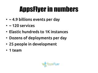 AppsFlyer in numbers
●
~ 4.9 billions events per day
●
~ 120 services
●
Elastic hundreds to 1K instances
●
Dozens of deployments per day
●
25 people in development
●
1 team
 